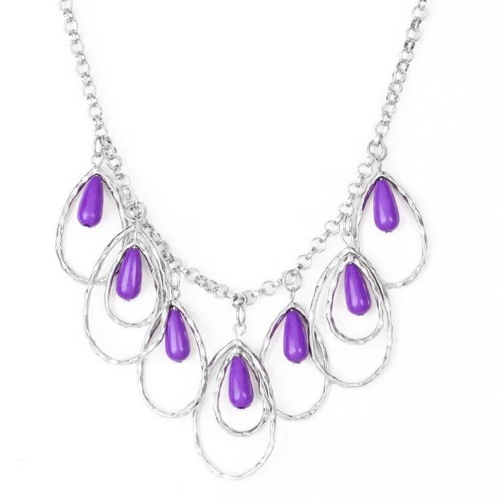 Purple silver Dangling Bib Necklace 18 inch - Picture 2 of 3